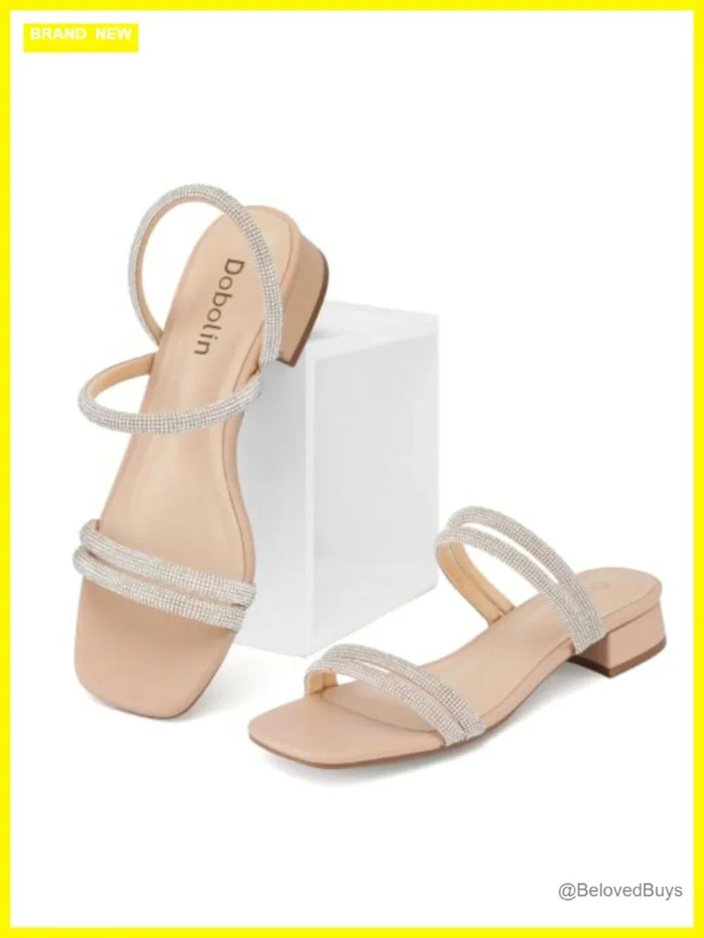 1.3 Inch Strappy Square Open Toe Rhinestone Block Heel Sandals Dressy